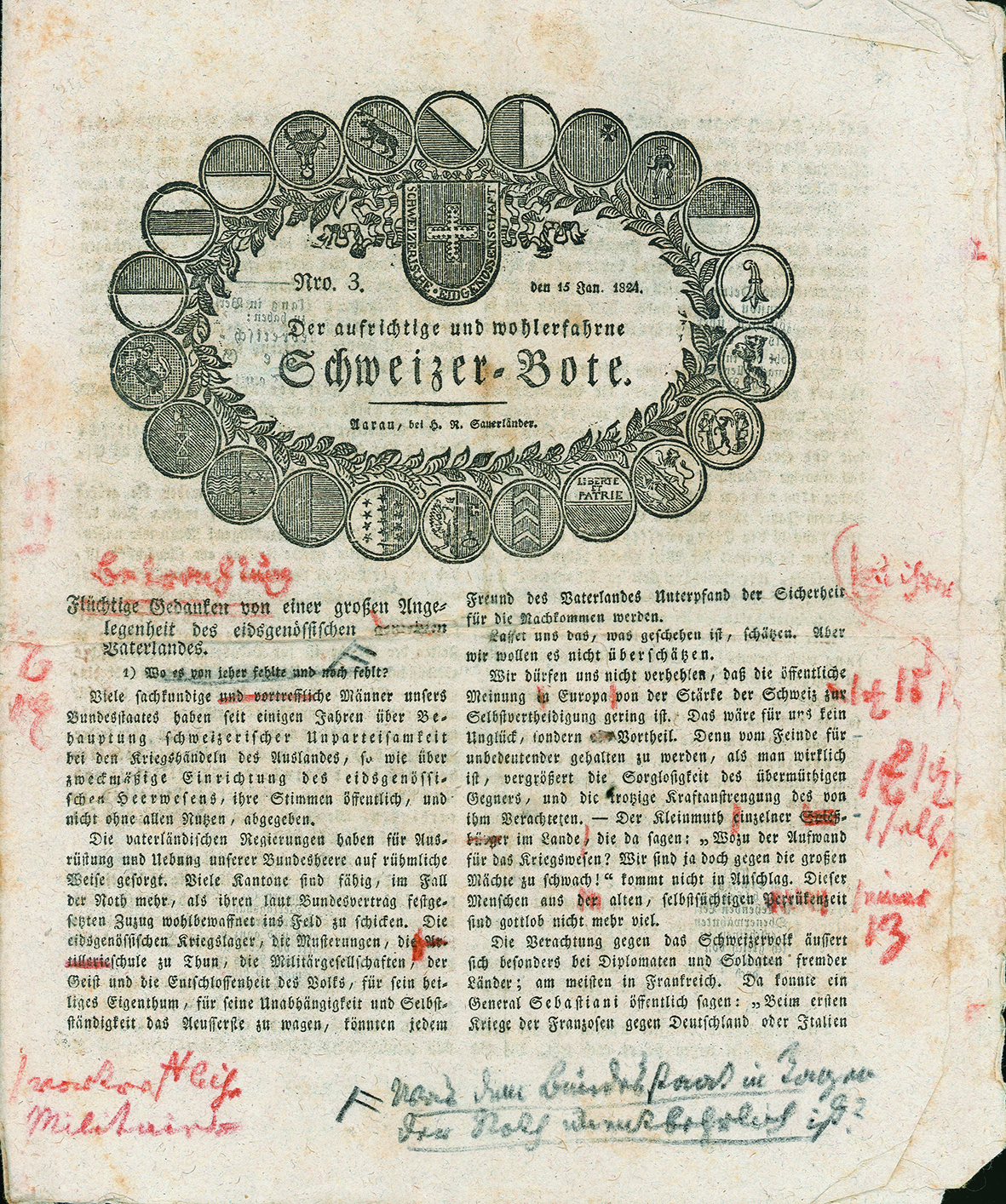 Probedruck des Schweizerboten vom 15 Januar 1824 mit Korrekturen Zschokkes für den Setzer. Der Artikel auf der Frontseite konnte Zschokke jedoch wegen der Pressezensur nicht veröffentlichen (Staatsarchiv Aargau).